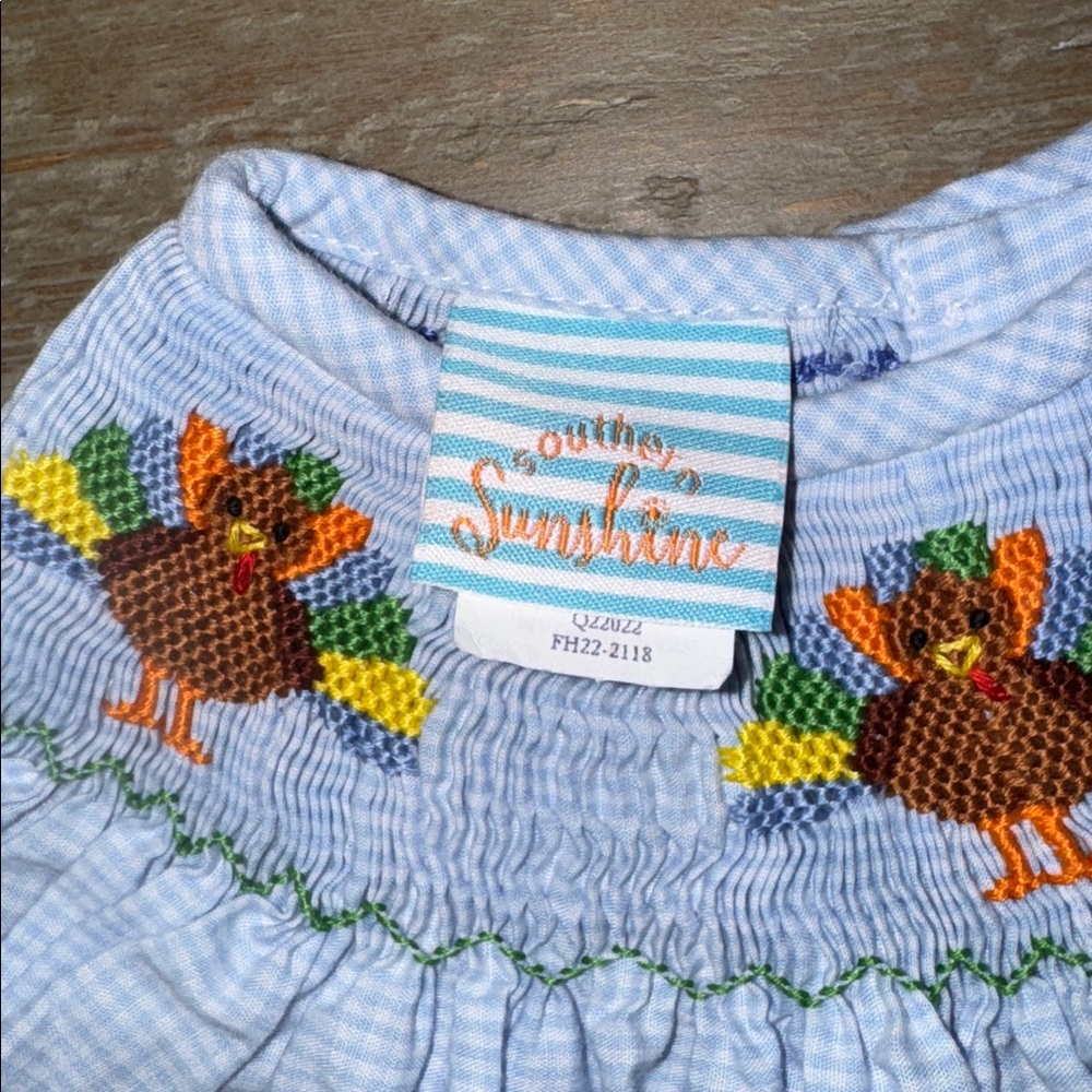 Southern Sunshine Girl Blue Gingham Gobble Gobble Smocked Long Bubble - 9M - Picture 6 of 11